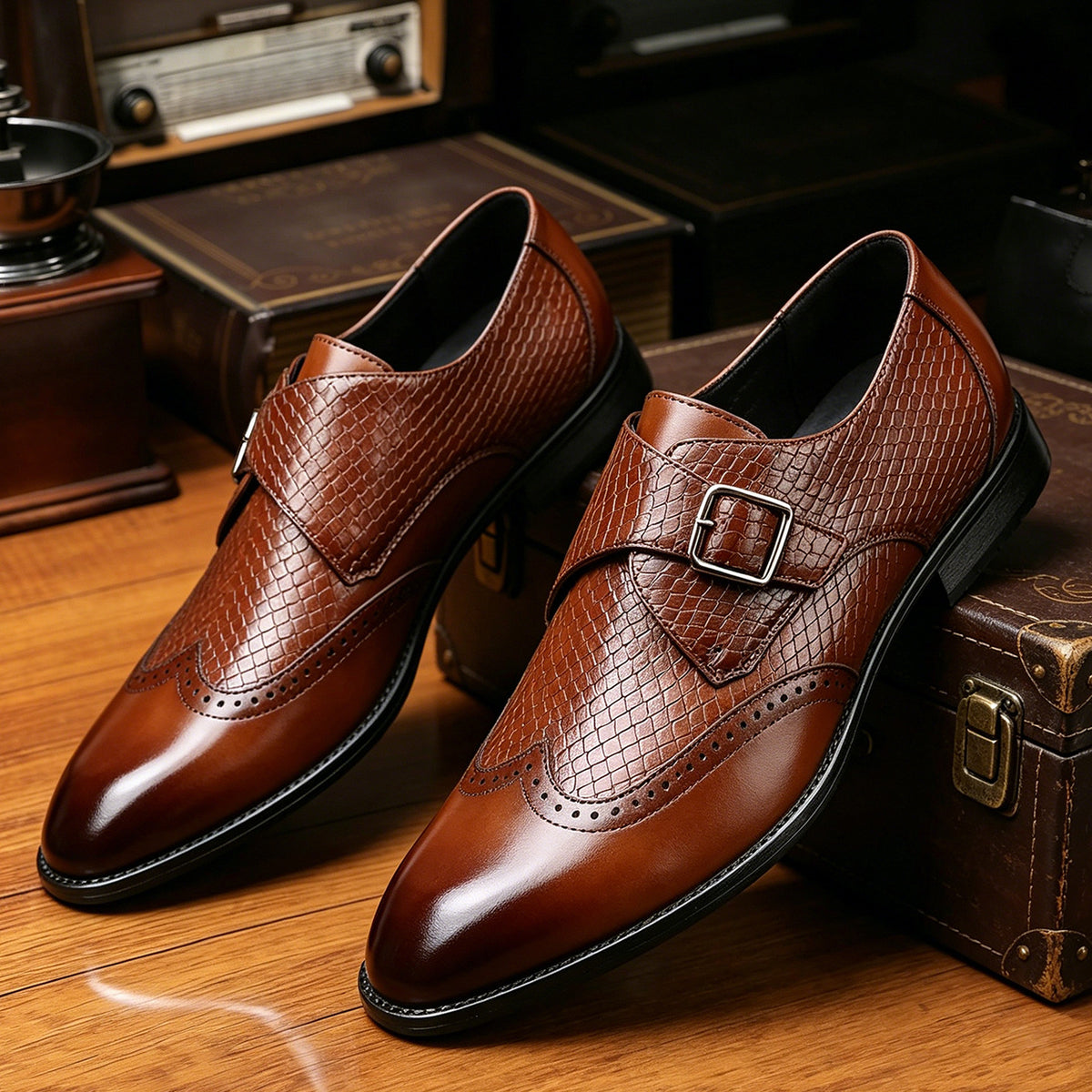 Ashbourne Embossed Wingtip Monk Shoes 6