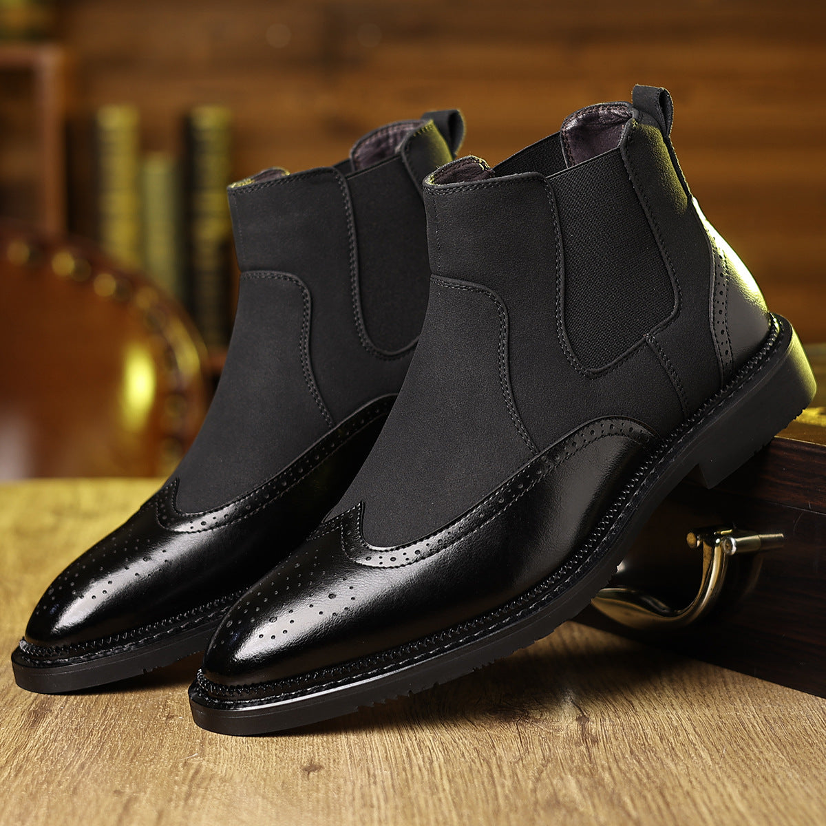 Ardsley Brogue Chelsea Boots elastic side panel detail