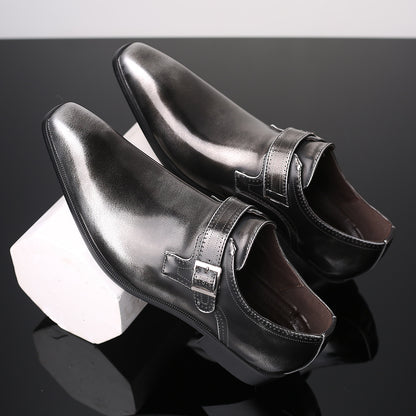 Ambrose Square Toe Buckle Shoes in black, side profile