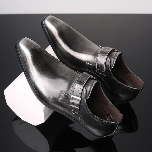 Ambrose Square Toe Buckle Shoes in black, side profile
