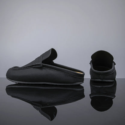 Denman Napped Mules penny strap detail