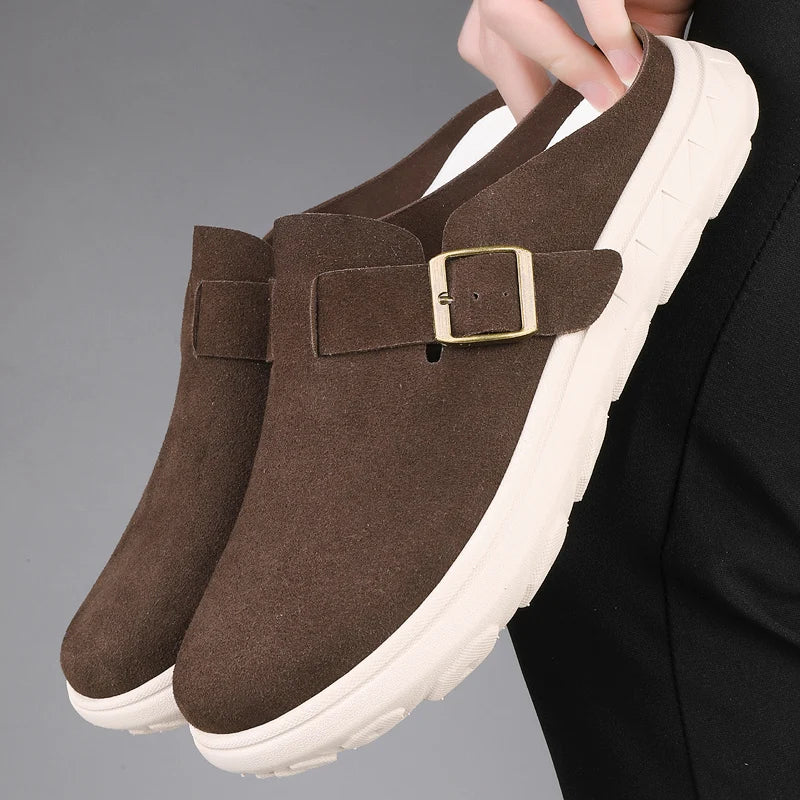 Marlowe Suede Clogs in khaki, side profile