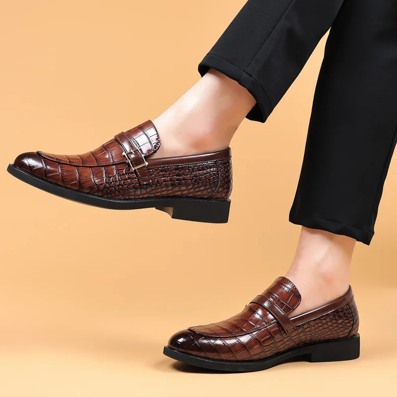 Corbin Scaled Buckle Loafers in dark brown