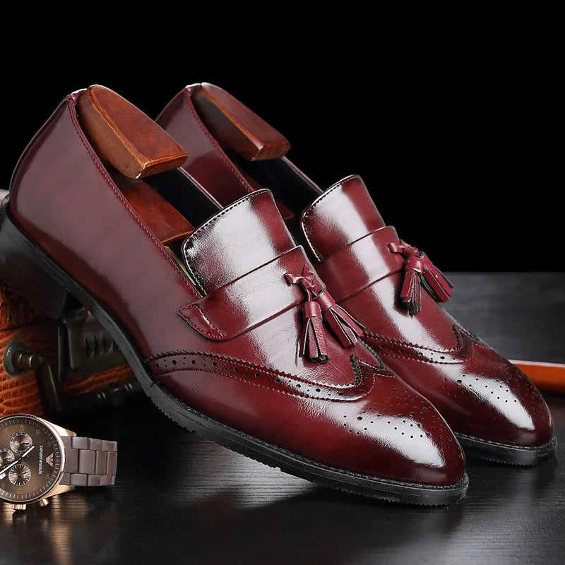 Casterly Brogue Tassel Loafers in wine red, side profile
