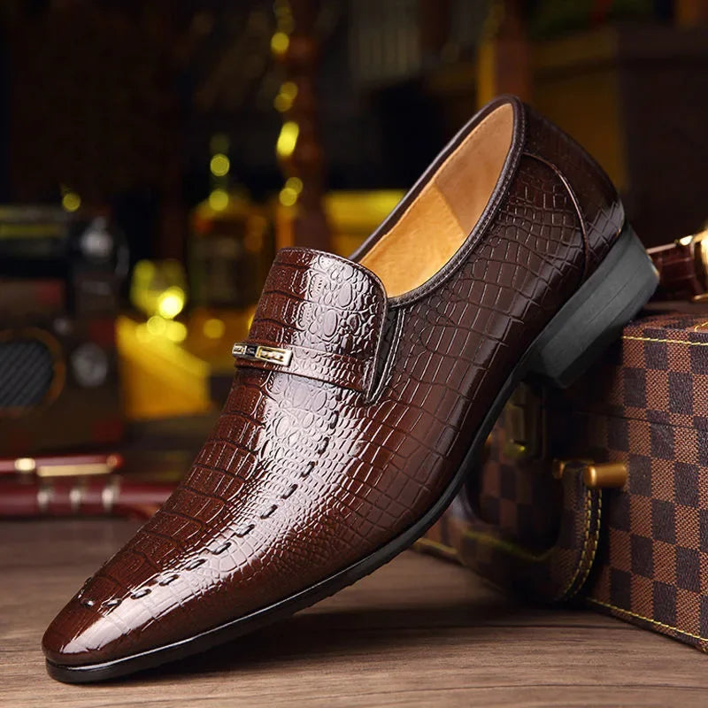 Vasari Croc Embossed Loafers metal bar vamp detail