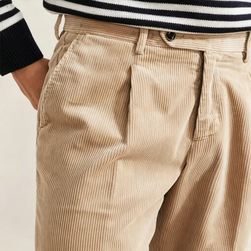 Wexford Pleated Corduroy Trousers in beige, front detail