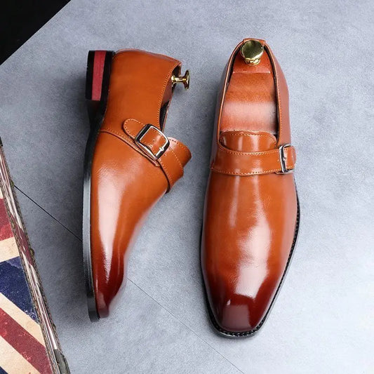 Aldworth Double Buckle Dress Shoes in light brown, side profile