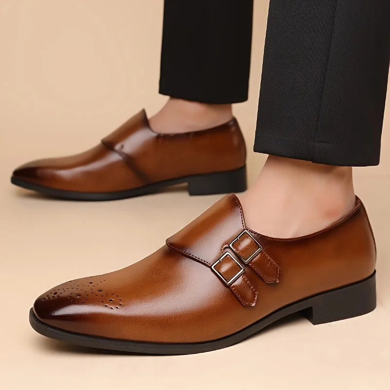 Fenchurch Double Buckle Brogues in brown, worn with trousers