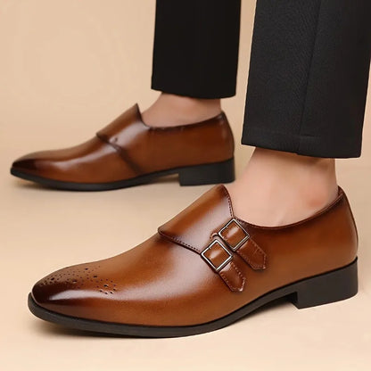 Fenchurch Double Buckle Brogues in brown, worn with trousers