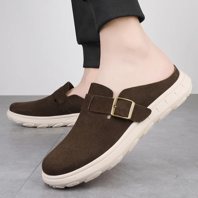 Marlowe Suede Clogs adjustable buckle strap detail