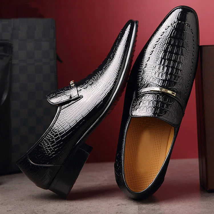 Vasari Croc Embossed Loafers in black, side profile