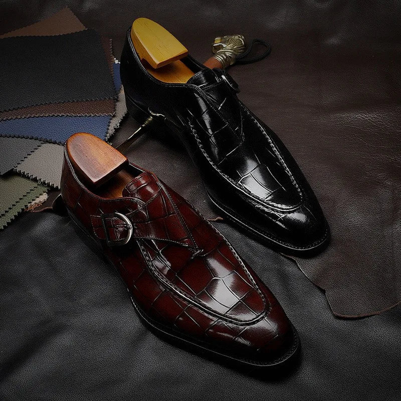 Lovelace Croc Monk Straps croc grain and buckle detail