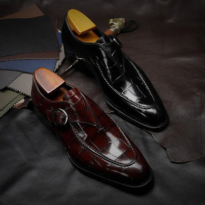 Lovelace Croc Monk Straps croc grain and buckle detail