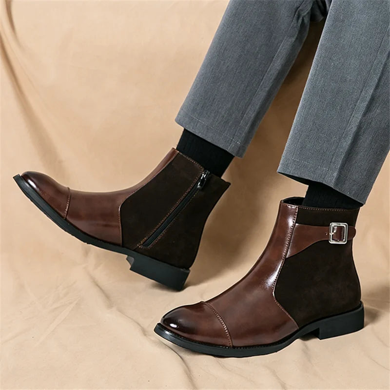 Thornbury Patchwork Buckle Boots in brown, worn with trousers