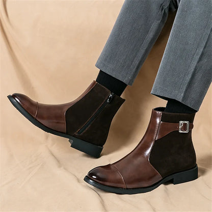 Thornbury Patchwork Buckle Boots in brown, worn with trousers
