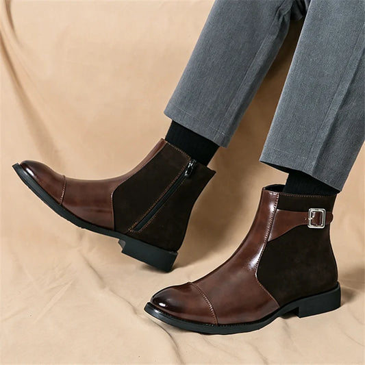 Thornbury Patchwork Buckle Boots in brown, worn with trousers