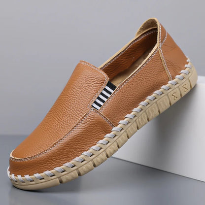 Merrick Leather Driving Mocs in tan, side profile