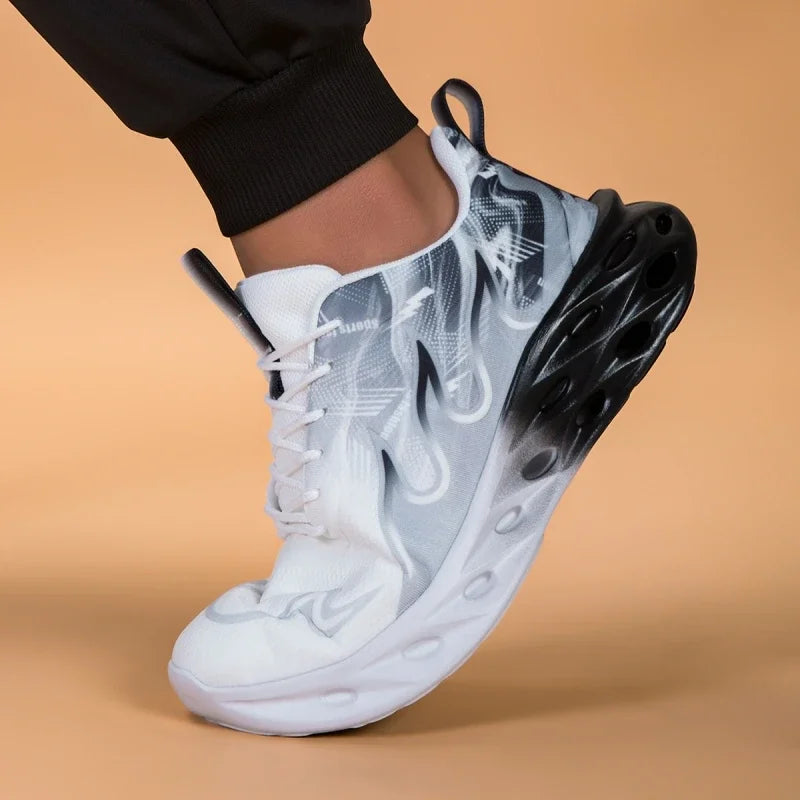 Ember Blade Sneakers in white and blue, worn view