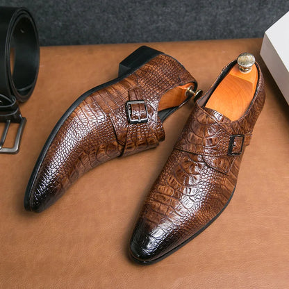 Wellington Croc-Effect Single Buckle Monk Strap Shoes 3